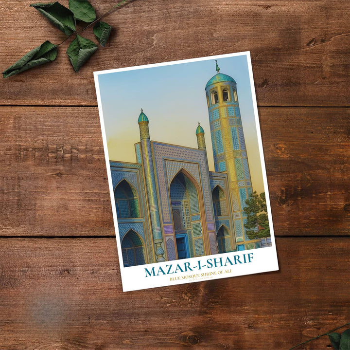 Fine art travel poster of Mazar-i-Sharif Blue Mosque with clean title text and subtitle reading BLUE MOSQUE SHRINE OF ALI. Provided by MapYourDreams, this artwork is available in flexible options including unframed paper, custom wooden frames, and gallery canvas wraps for contemporary setups.