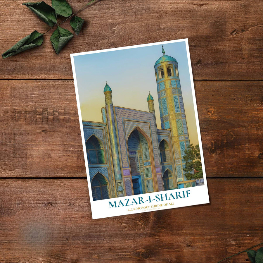 Fine art travel poster of Mazar-i-Sharif Blue Mosque with clean title text and subtitle reading BLUE MOSQUE SHRINE OF ALI. Provided by MapYourDreams, this artwork is available in flexible options including unframed paper, custom wooden frames, and gallery canvas wraps for contemporary setups.