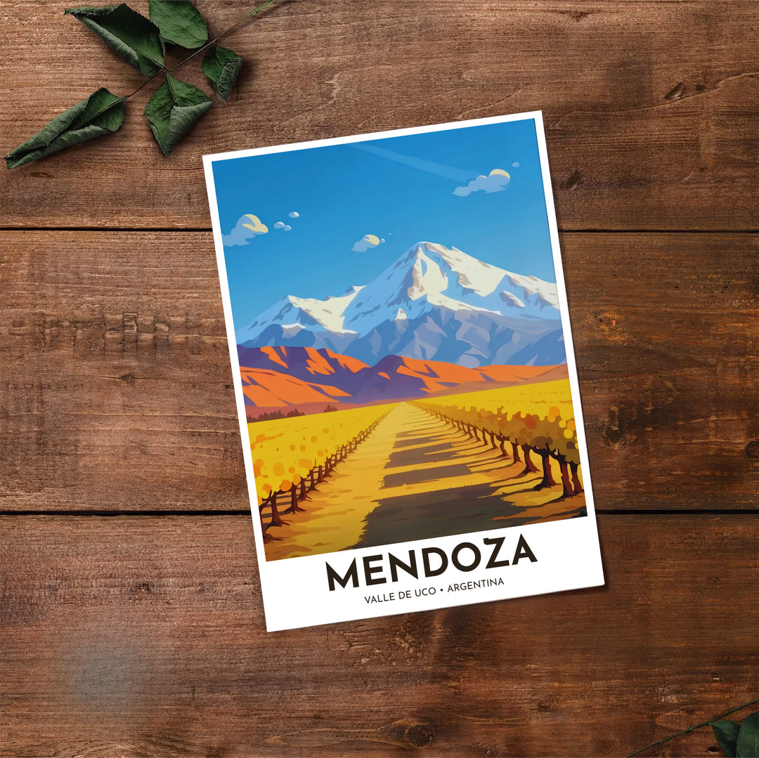 Artistic wine country illustration capturing the warm ochre soil, blue sky, and snowy mountain peaks of Mendoza, Argentina. Made by MapYourDreams, this artistic composition can be purchased as an unframed print, elegantly mounted in wood frames, or produced on stretched canvas.