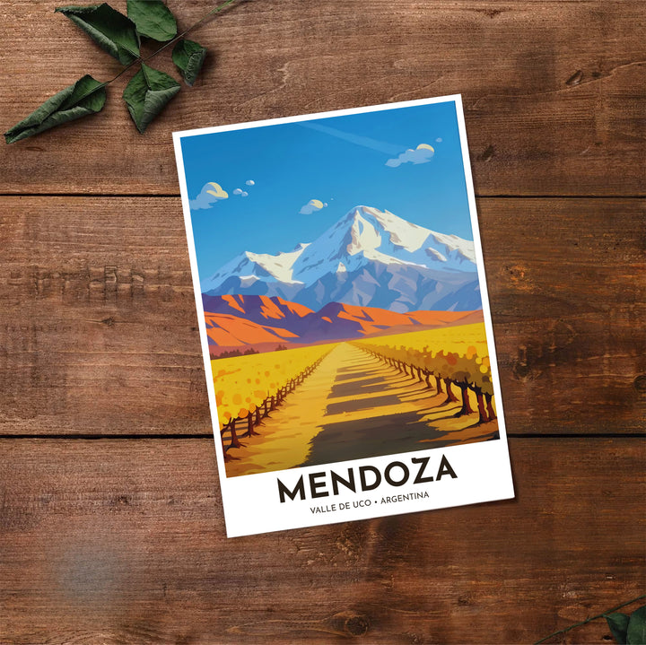 Artistic wine country illustration capturing the warm ochre soil, blue sky, and snowy mountain peaks of Mendoza, Argentina. Made by MapYourDreams, this artistic composition can be purchased as an unframed print, elegantly mounted in wood frames, or produced on stretched canvas.
