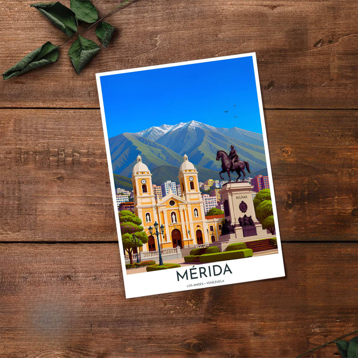 Artistic cityscape illustration capturing the bright yellow, cobalt blue, bronze, and snow-white tones of Mérida, Venezuela. Made by MapYourDreams, this artistic composition can be purchased as an unframed print, elegantly mounted in wood frames, or produced on stretched canvas.
