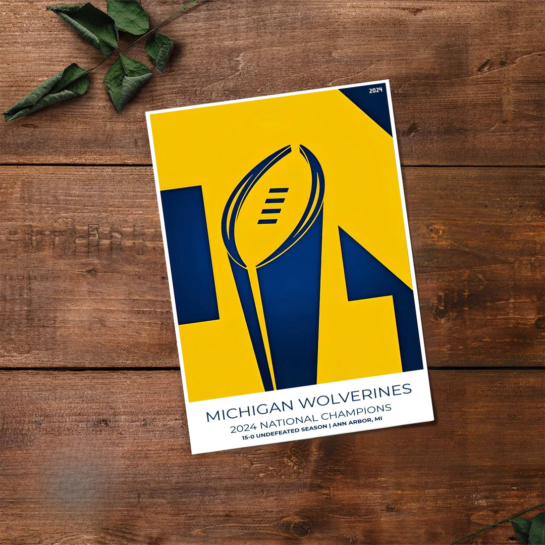 Fine art sports poster of Michigan Wolverines 2024 National Champions with clean title text and subtitle reading ANN ARBOR MI. Provided by MapYourDreams, this artwork is available in flexible options including unframed paper, custom wooden frames, and gallery canvas wraps for contemporary setups.