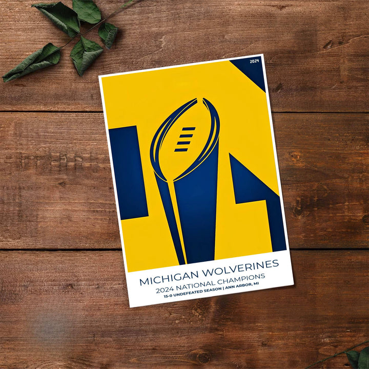 Fine art sports poster of Michigan Wolverines 2024 National Champions with clean title text and subtitle reading ANN ARBOR MI. Provided by MapYourDreams, this artwork is available in flexible options including unframed paper, custom wooden frames, and gallery canvas wraps for contemporary setups.