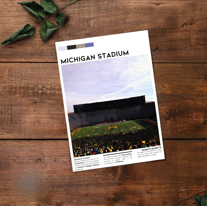 Fine art travel poster of Michigan Stadium with clean title text and three column stadium history layout. Provided by MapYourDreams, this artwork is available in flexible options including unframed paper, custom wooden frames, and gallery canvas wraps for contemporary setups.