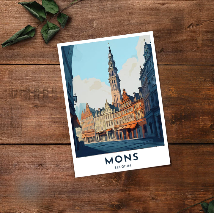 Sleek retro travel poster illustrating the street-level view toward the famous Baroque belfry in Mons, Belgium. Offered by MapYourDreams, this artwork is available in flexible options including unframed paper, custom wooden frames, and gallery canvas wraps.