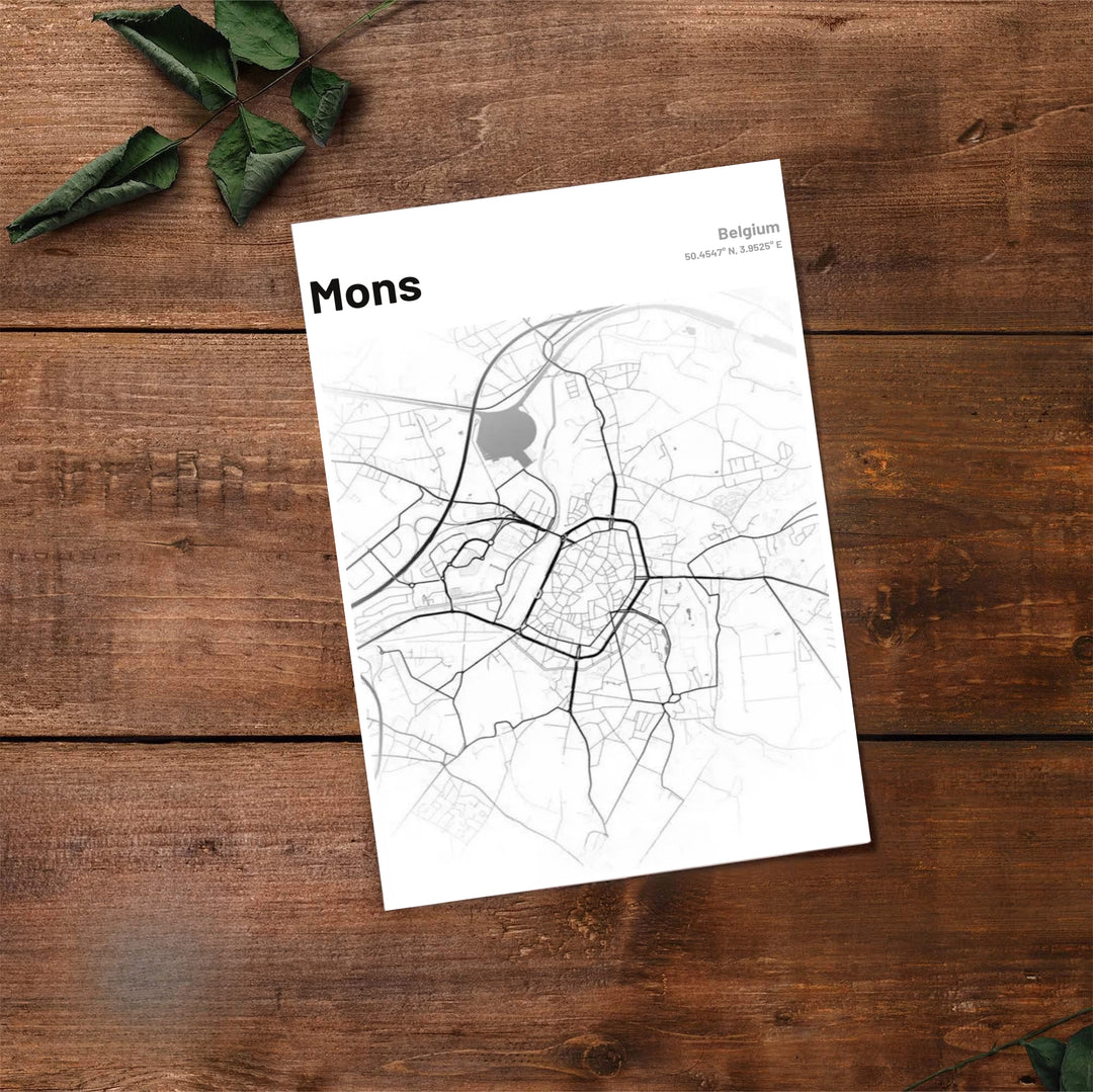 Clean geometric line map artwork highlighting the historic streets and ring road network of Mons, Belgium, in black and white. Offered by MapYourDreams, this artwork is available in flexible options including unframed paper, custom wooden frames, and gallery canvas wraps.