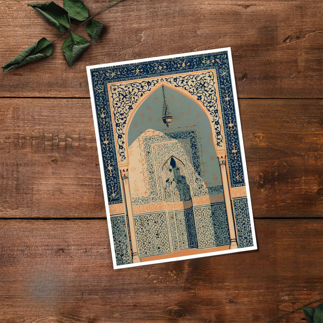 Fine art travel poster of Alhambra Granada archway with intricate arabesque details and rich cobalt blue tones. Provided by MapYourDreams, this artwork is available in flexible options including unframed paper, custom wooden frames, and gallery canvas wraps for contemporary setups.