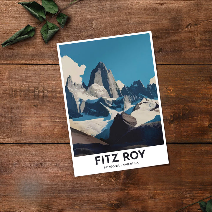 Artistic mountain travel illustration capturing the steel blue sky, glacier ice, and granite spires of Mount Fitz Roy. Made by MapYourDreams, this artistic composition can be purchased as an unframed print, elegantly mounted in wood frames, or produced on stretched canvas.