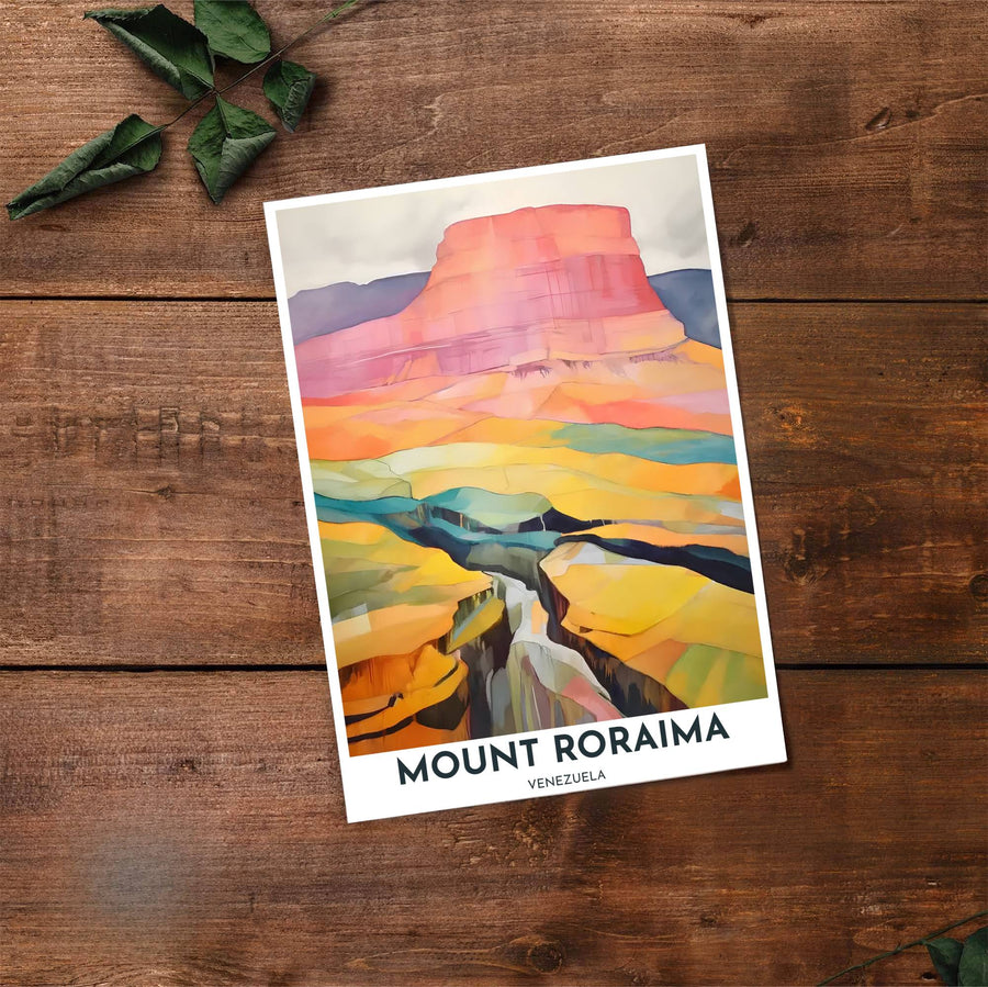 Artistic mountain illustration capturing the rose pink, marigold yellow, teal green, and dark charcoal tones of Mount Roraima. Made by MapYourDreams, this artistic composition can be purchased as an unframed print, elegantly mounted in wood frames, or produced on stretched canvas.