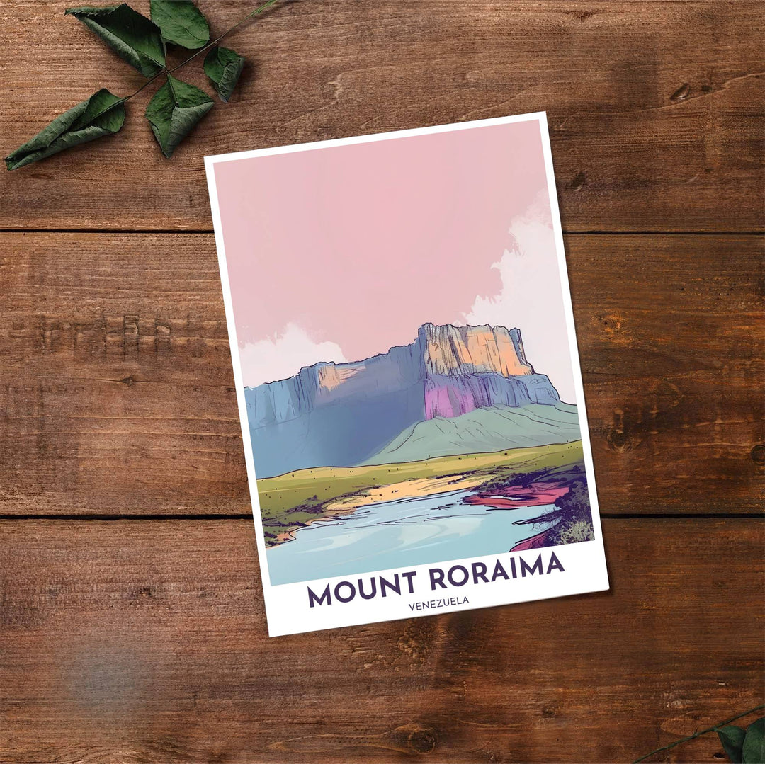 Artistic mountain illustration capturing the blush pink, lavender, golden amber, and slate blue tones of Mount Roraima. Made by MapYourDreams, this artistic composition can be purchased as an unframed print, elegantly mounted in wood frames, or produced on stretched canvas.