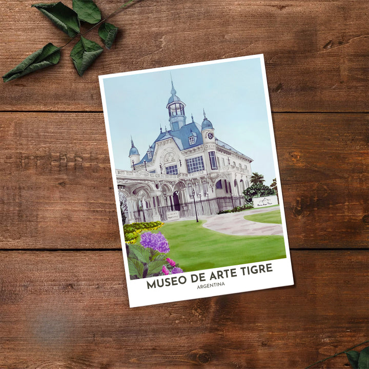 Artistic watercolor illustration capturing the soft pastel blue sky and botanical elegance of the Museo de Arte Tigre museum. Made by MapYourDreams, this artistic composition can be purchased as an unframed print, elegantly mounted in wood frames, or produced on stretched canvas.