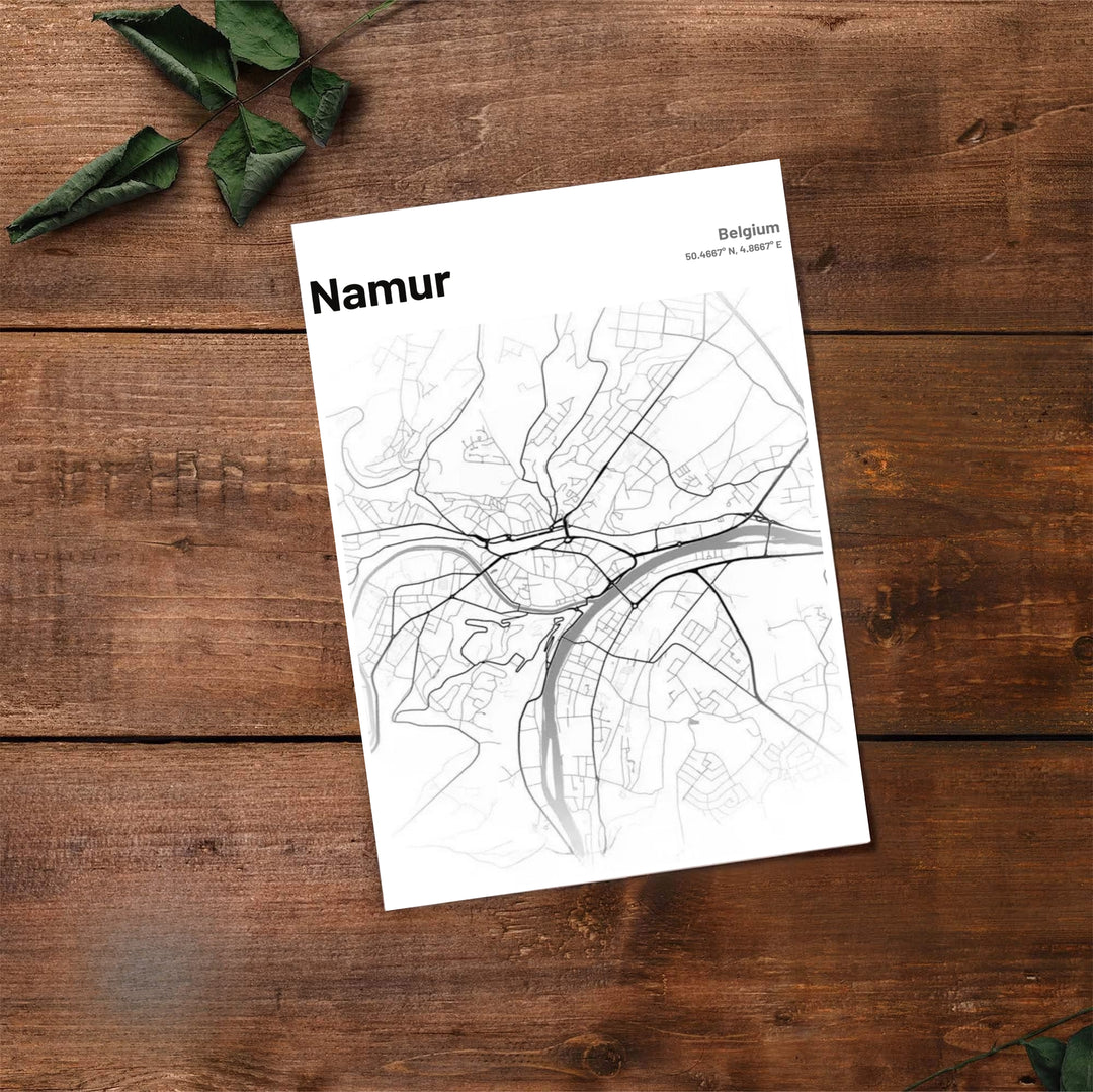 Clean geometric line map artwork highlighting the valley roads, bridges, and riverways of Namur, Belgium, in contrast black and white. Offered by MapYourDreams, this artwork is available in flexible options including unframed paper, custom wooden frames, and gallery canvas wraps.