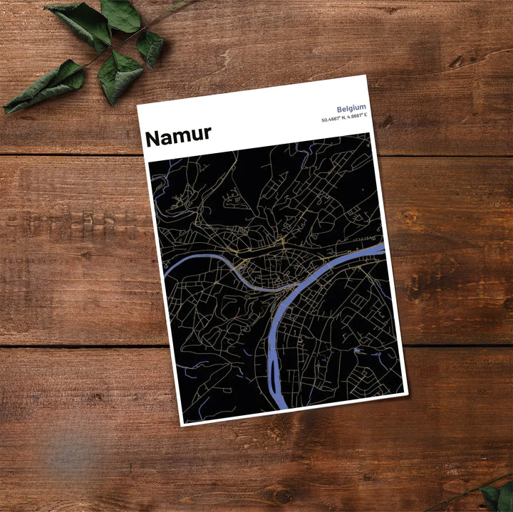Sleek night-theme line map artwork highlighting the bridges, riverways, and valley roads of Namur, Belgium, in shimmering gold and blue. Offered by MapYourDreams, this artwork is available in flexible options including unframed paper, custom wooden frames, and gallery canvas wraps.