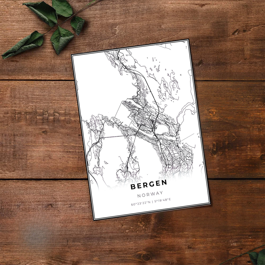 High-contrast vector map poster of Bergen Norway highlighting street intersections, coastal outlines, and coordinates. A must-have for minimalist decor enthusiasts, this fine art poster arrives in flexible formats including sleek framed styles, archival unframed prints, and stretched canvas options.