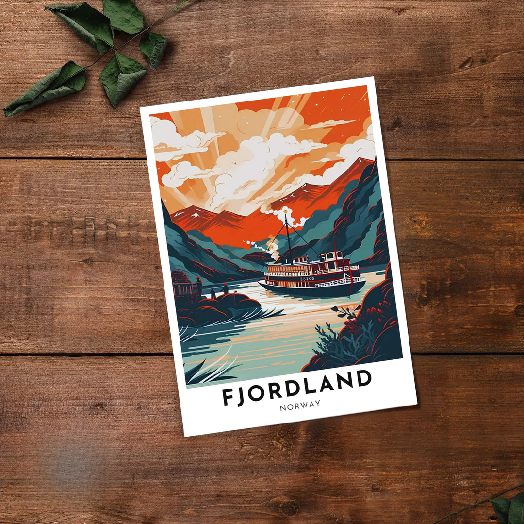 Mid-century landscape artwork of a steamship on a scenic Norwegian fjord with vibrant terracotta mountains and clouds. A must-have for travel enthusiasts, this fine art poster arrives in flexible formats including sleek framed styles, archival unframed prints, and stretched canvas options.