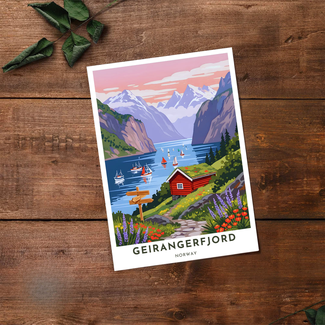 Serene Nordic travel illustration of Geirangerfjord Norway displaying a traditional turf roof cottage, mountain vistas, and pastel skies. A must-have for travel enthusiasts, this fine art poster arrives in flexible formats including sleek framed styles, archival unframed prints, and stretched canvas options.