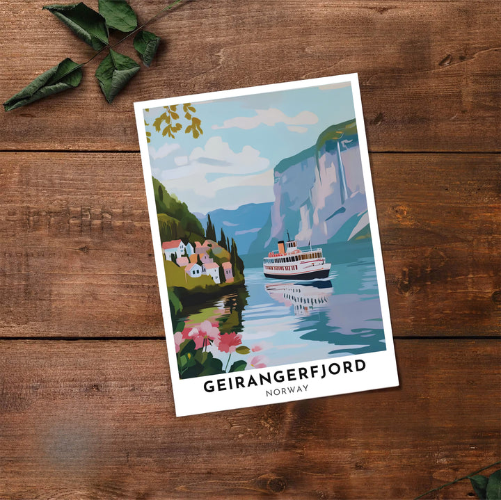 Maritime landscape poster depicting Geirangerfjord in Norway with a white cruise ferry resting on calm waters beneath mountain cliffs. Bring Scandinavian charm into your home with this print available in classic unframed paper, gallery wrapped canvas panels, or fully assembled framed displays.