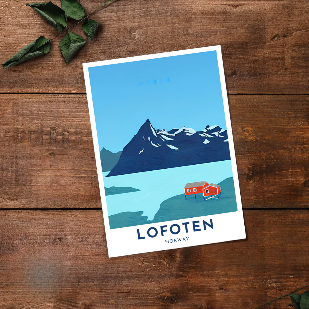 Serene Nordic travel illustration of Lofoten Norway displaying a minimalist mountain peak and red fishing village. A great addition for art lovers, this fine art poster arrives in flexible formats including sleek framed styles, archival unframed prints, and stretched canvas options.
