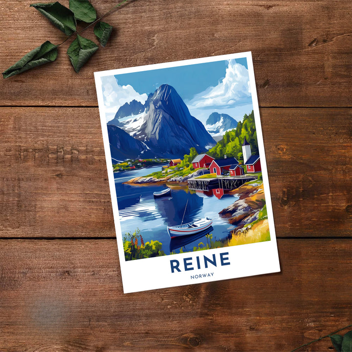 Coastal vector artwork of Reine Norway capturing quiet fjord waters, alpine rock summits, and red fishing village houses. Transform your wall decor with configurations including simple unframed paper prints, protective framed designs, and gallery wrap canvas panels.