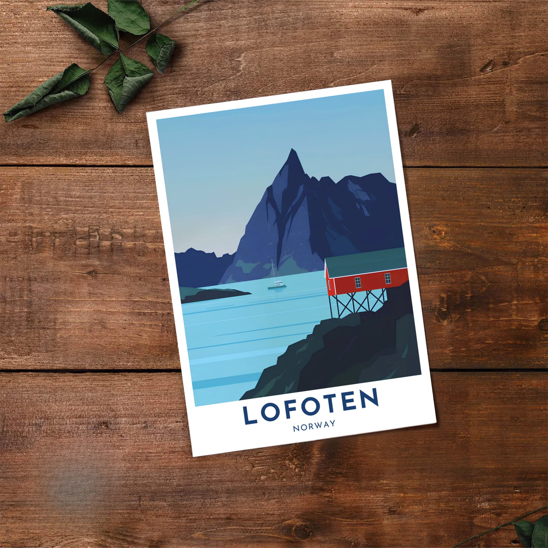 Coastal vector artwork of Lofoten Norway capturing a red fishing hut on rocky shores, smooth water, and a sharp mountain peak. Transform your wall decor with configurations including simple unframed paper prints, protective framed designs, and gallery wrap canvas panels.
