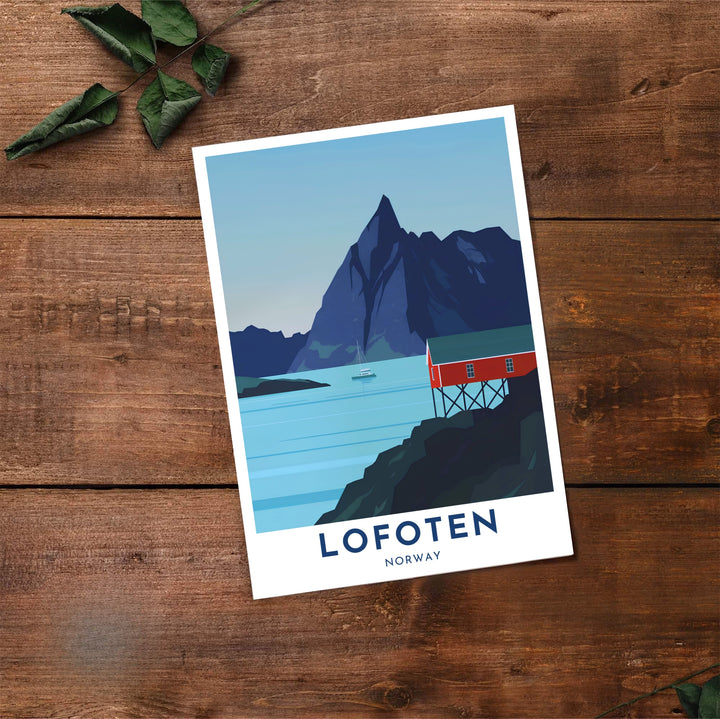 Coastal vector artwork of Lofoten Norway capturing a red fishing hut on rocky shores, smooth water, and a sharp mountain peak. Transform your wall decor with configurations including simple unframed paper prints, protective framed designs, and gallery wrap canvas panels.