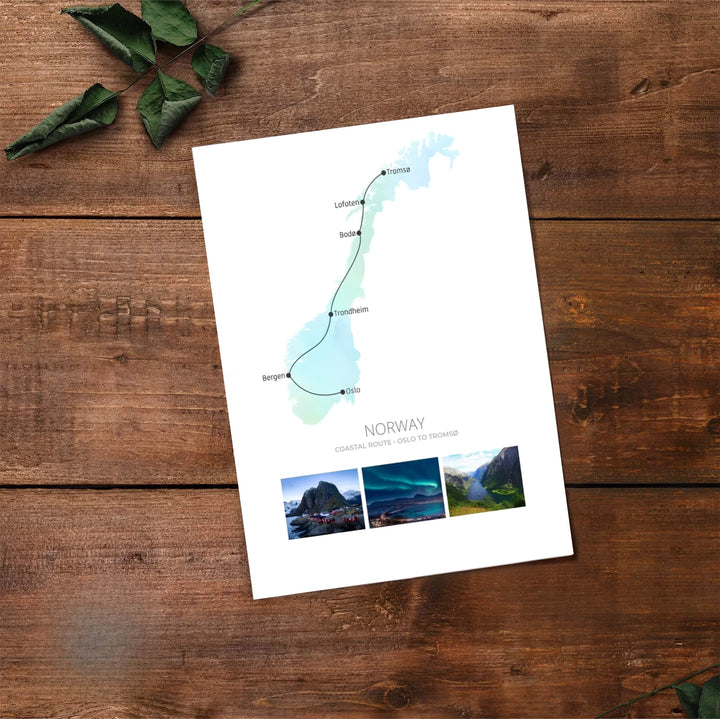 Cartographic vector print of Norway displaying the coastal transit route from Oslo to Tromsø with scenery panels beneath. Transform your wall decor with configurations including simple unframed paper prints, protective framed designs, and gallery wrap canvas panels.