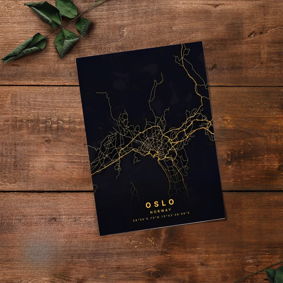 Sophisticated dark mode city map illustration of Oslo Norway featuring fine gold line art and bold capital typography. Created by MapYourDreams, choose from options like unframed paper prints, custom wood framed setups, or gallery wrapped canvas displays.