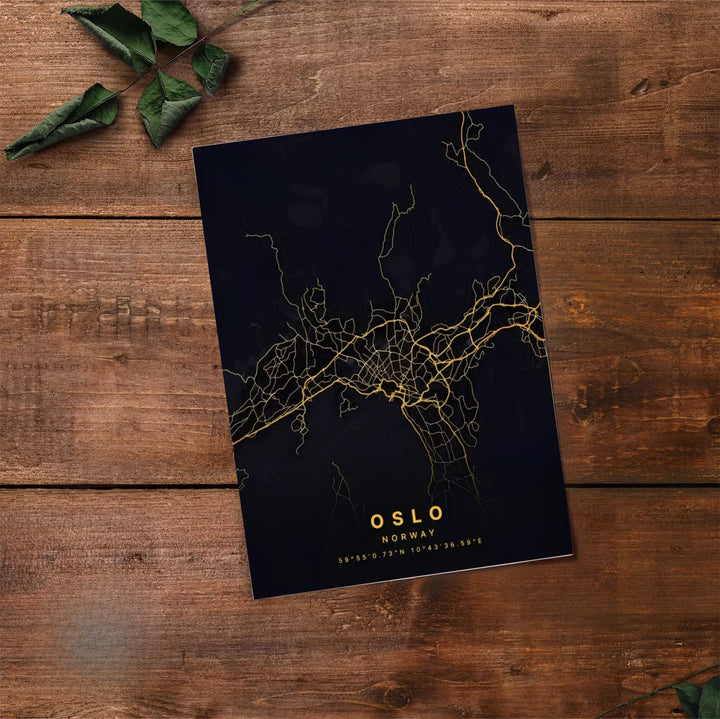 Sophisticated dark mode city map illustration of Oslo Norway featuring fine gold line art and bold capital typography. Created by MapYourDreams, choose from options like unframed paper prints, custom wood framed setups, or gallery wrapped canvas displays.