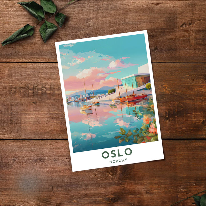 Sophisticated waterfront art illustration of the Oslo Opera House displaying vibrant coral sky shades and serene harbor boats. Created by MapYourDreams, choose from options like unframed paper prints, custom wood framed setups, or gallery wrapped canvas displays.