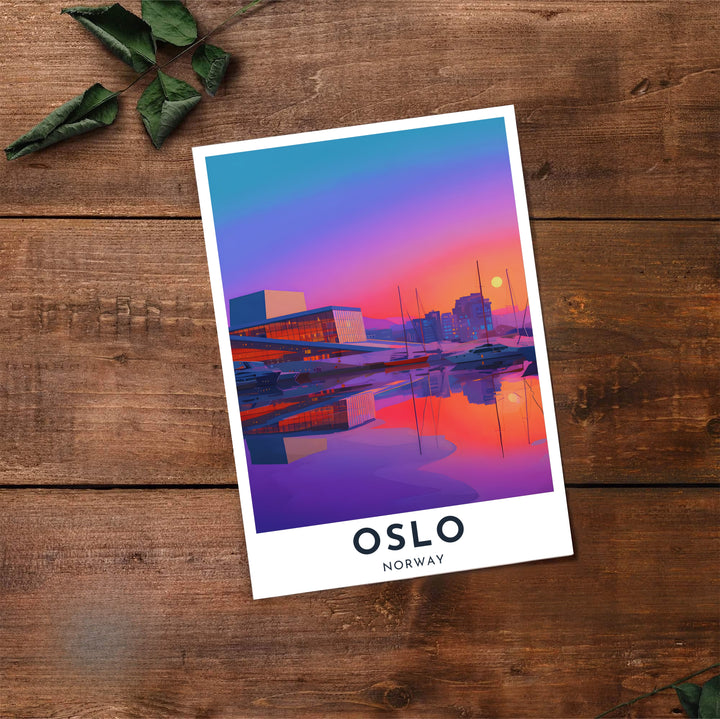 Glowing evening harbor art poster showcasing the Oslo Opera House building with geometric glass facades and deep purple water reflections in Norway. Created by MapYourDreams, choose from options like unframed paper prints, custom wood framed setups, or gallery wrapped canvas displays.