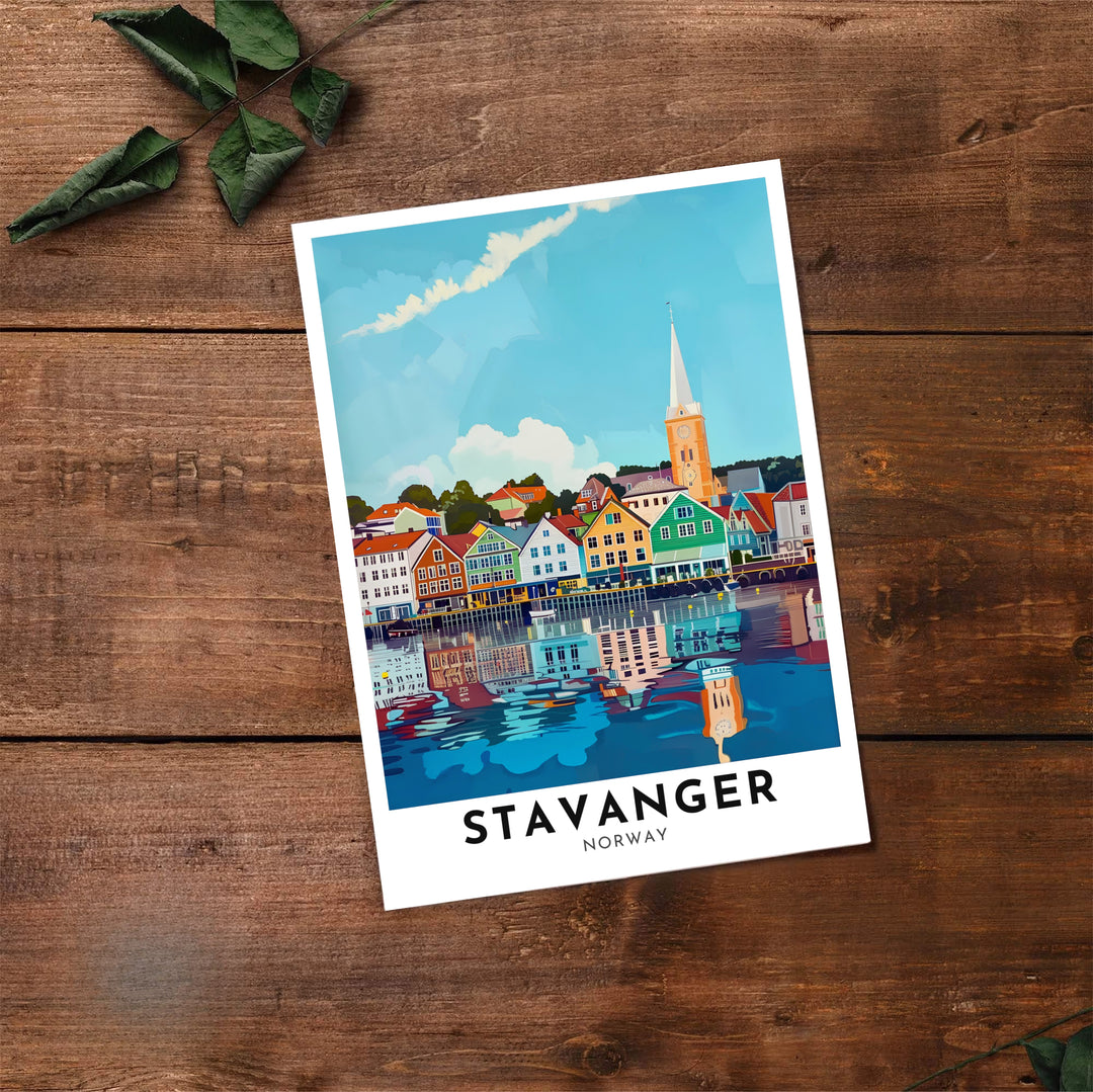 Detailed harbor front art poster featuring the colorful wooden houses of Stavanger Norway with a distinct cathedral spire on the horizon. Created by MapYourDreams, choose from options like unframed paper prints, custom wood framed setups, or gallery wrapped canvas displays.
