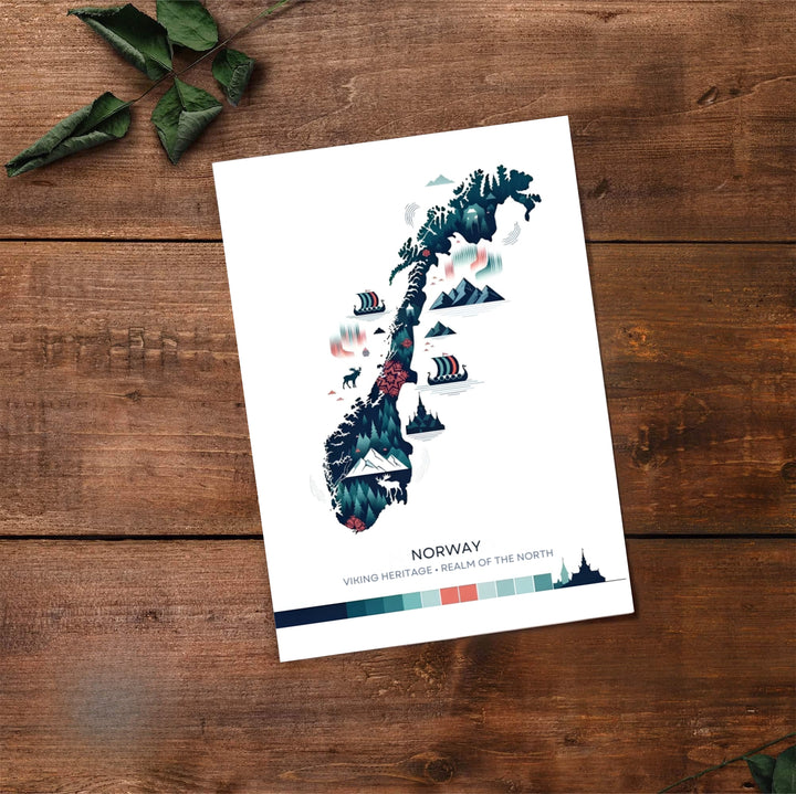 Detailed graphic travel poster of Norway highlighting ancient Viking heritage symbols, forest landscapes, and northern lights waves. Created by MapYourDreams, choose from options like unframed paper prints, custom wood framed setups, or gallery wrapped canvas displays.