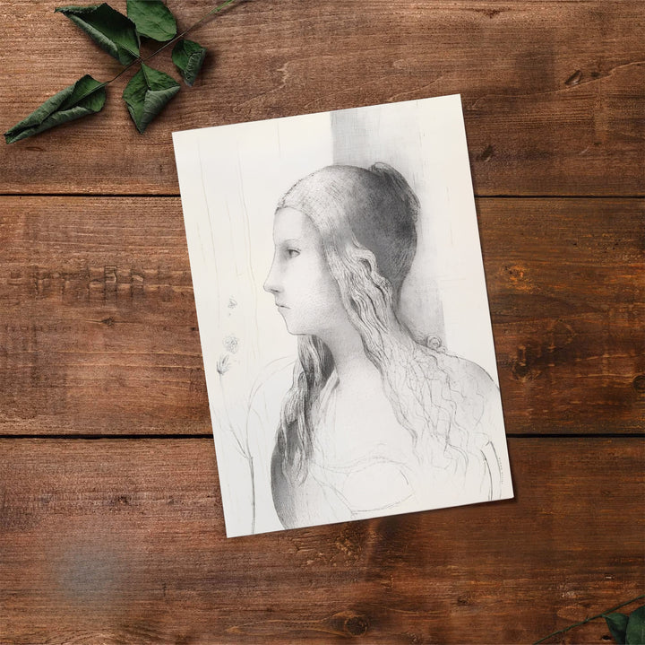 Historic lithograph artwork print of Brünnhilde created by Odilon Redon in 1894, rendered in tonal grayscale. MapYourDreams produces this masterwork on demand as a standalone unframed print, inside custom wooden frames, or on gallery canvas wraps.