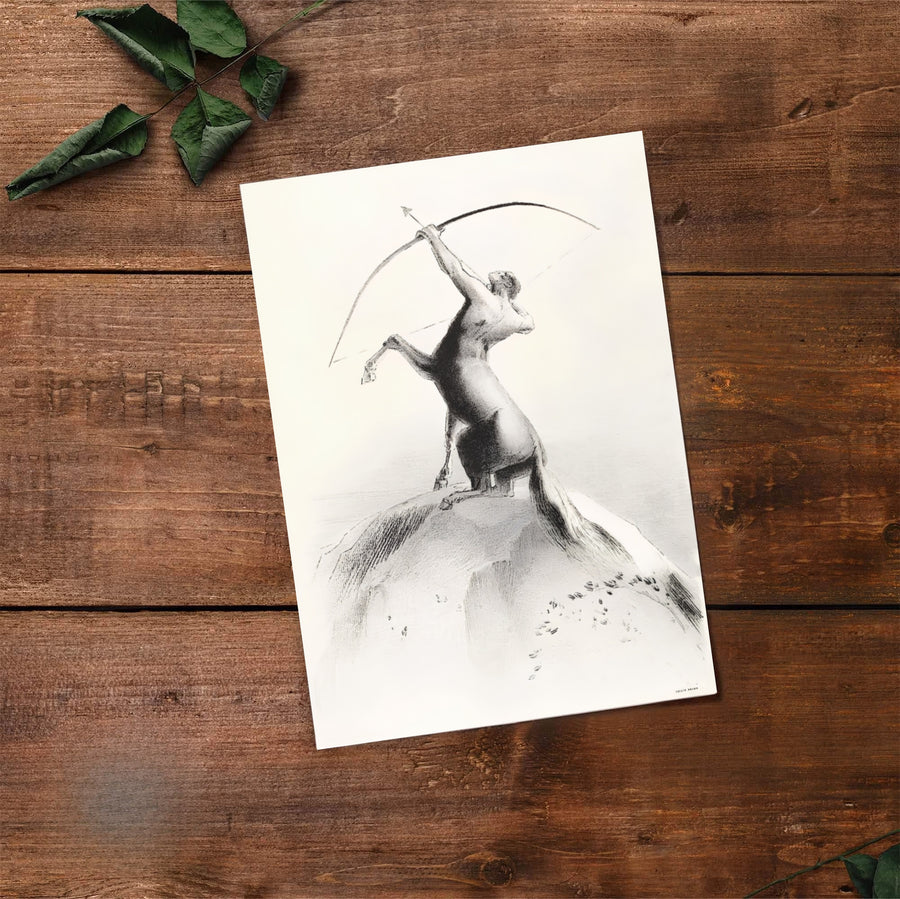 Historic lithograph artwork print Centaur Aiming At The Clouds created by Odilon Redon in 1895, rendered in rich grayscale. MapYourDreams produces this masterwork on demand as a standalone unframed print, inside custom wooden frames, or on gallery canvas wraps.