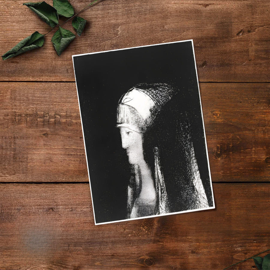 Historic lithograph artwork print Druidesse created by Odilon Redon in 1891, rendered in dense black ink. MapYourDreams produces this masterwork on demand as a standalone unframed print, inside custom wooden frames, or on gallery canvas wraps.