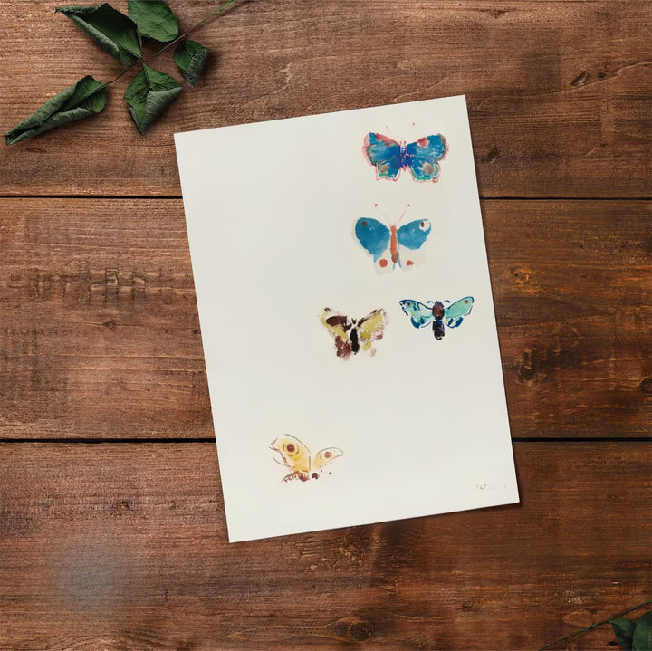 Historic watercolor artwork print Five Butterflies created by Odilon Redon in 1910, rendered in cerulean blue and warm gold. MapYourDreams produces this masterwork on demand as a standalone unframed print, inside custom wooden frames, or on gallery canvas wraps.