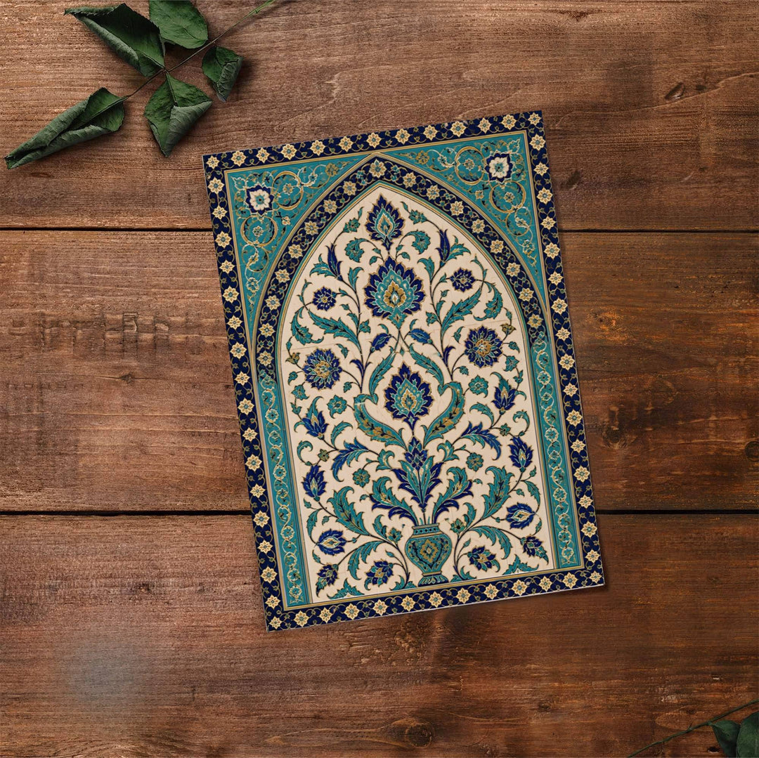 Fine art travel poster of Ottoman Iznik tile arch with intricate botanical details and rich cobalt and turquoise glazes. Provided by MapYourDreams, this artwork is available in flexible options including unframed paper, custom wooden frames, and gallery canvas wraps for contemporary setups.