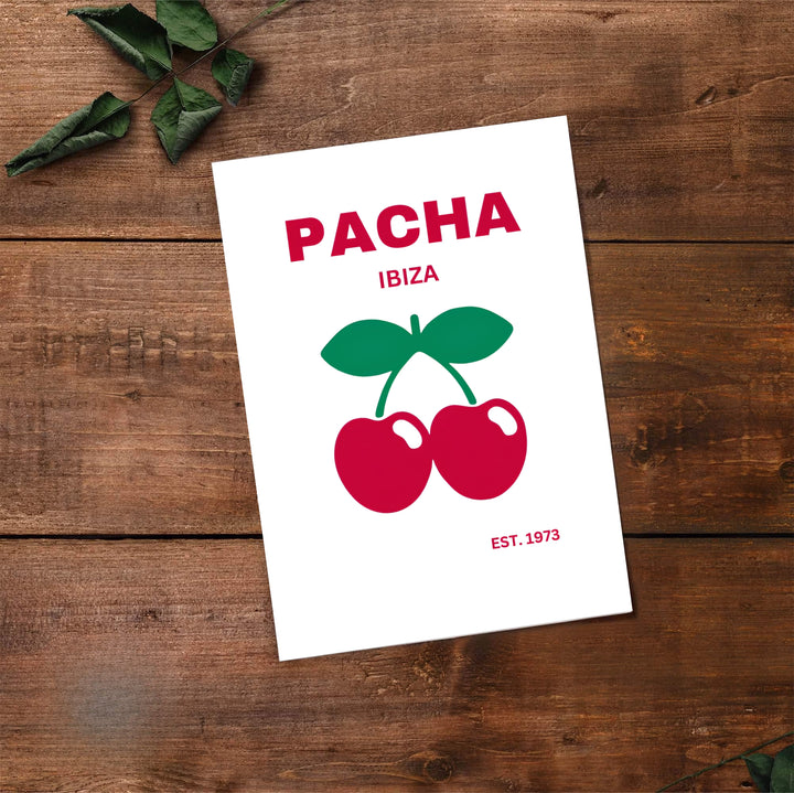 Modern minimalist pop print depicting famous dual red cherries logo for Pacha in Ibiza, Spain, available at MapYourDreams where shoppers can choose from unframed paper prints, gallery canvas, or custom framed wall art options for cocktail lounge walls.