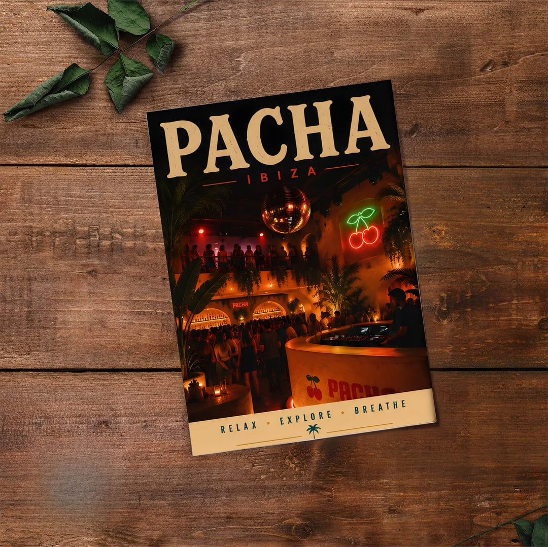Vintage nightlife interior print depicting glowing red cherry wall sign for Pacha in Ibiza, Spain, available at MapYourDreams where shoppers can choose from unframed paper prints, gallery canvas, or custom framed wall art options for lounge walls.
