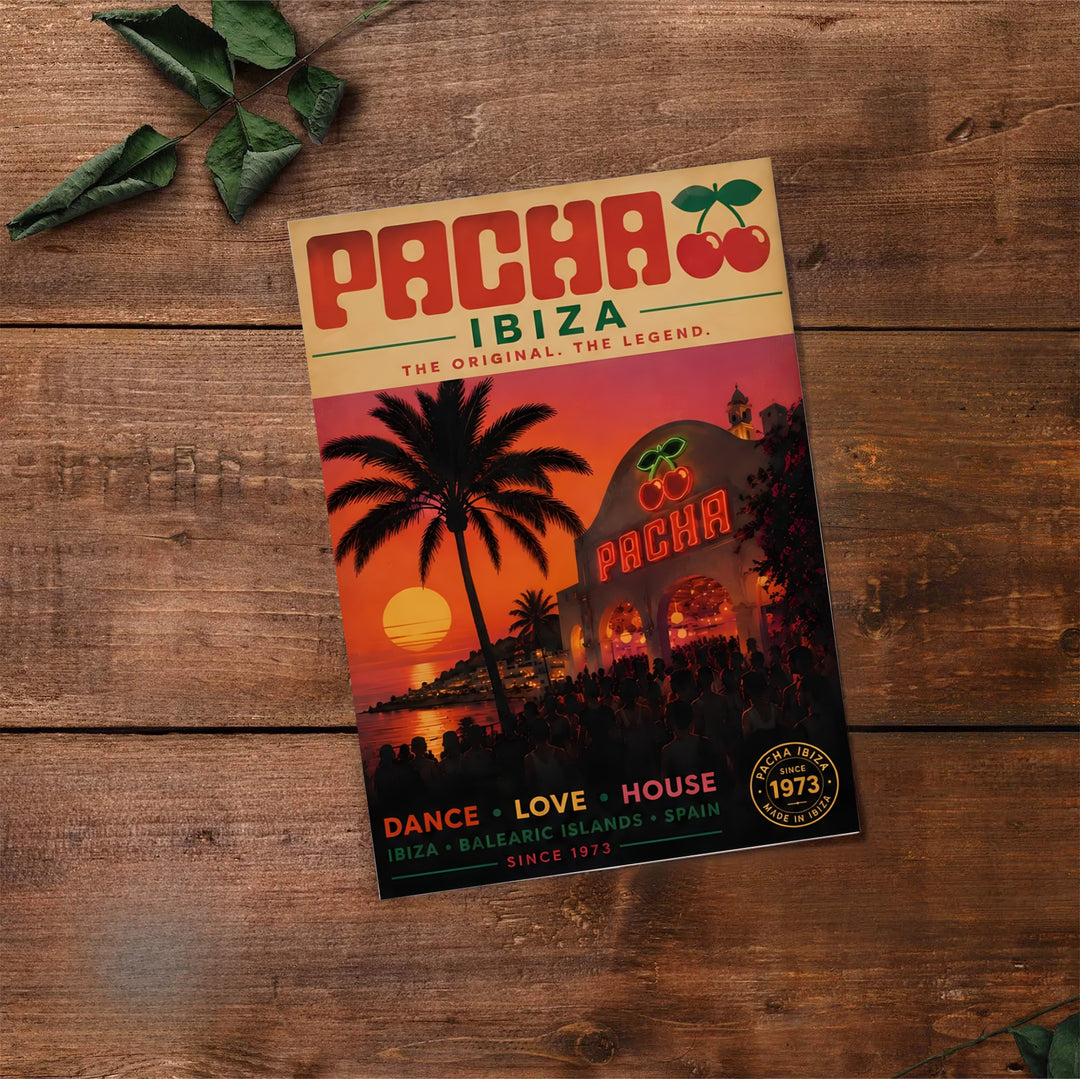 Electronic dance music club poster showcasing Pacha Ibiza since 1973 logo with palm silhouettes over the Mediterranean coast, available at MapYourDreams as an unframed art print, gallery canvas print, or custom framed print in pure gold and silver frames.