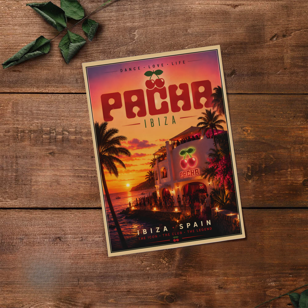 Architectural Ibiza travel poster depicting Pacha club building lit up at golden hour along the rocky Mediterranean waterfront, available at MapYourDreams as an unframed fine art print, gallery canvas, or custom framed decor in pure gold and silver.