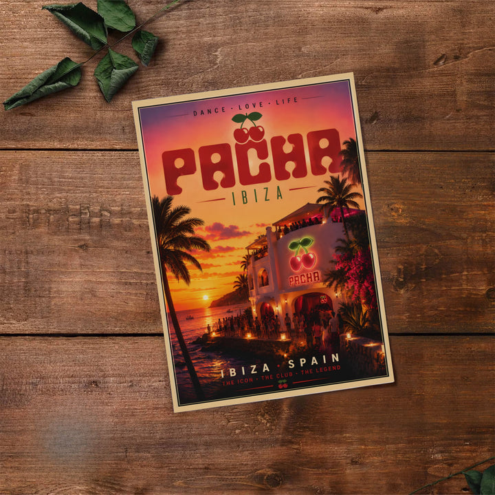 Architectural Ibiza travel poster depicting Pacha club building lit up at golden hour along the rocky Mediterranean waterfront, available at MapYourDreams as an unframed fine art print, gallery canvas, or custom framed decor in pure gold and silver.
