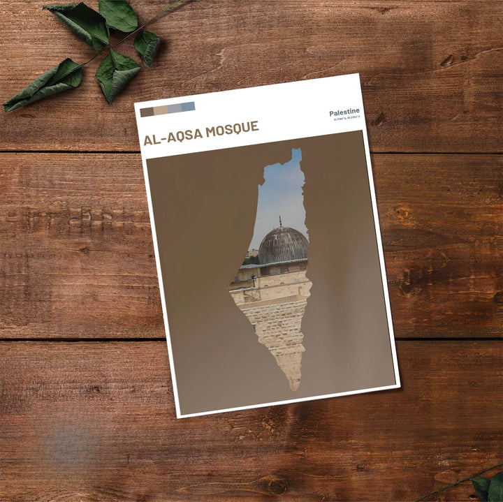 Fine art travel poster of Jerusalem Al Aqsa Mosque with clean title text and subtitle reading Palestine 31.7780 N 35.2354 E. Provided by MapYourDreams, this artwork is available in flexible options including unframed paper, custom wooden frames, and gallery canvas wraps for contemporary setups.