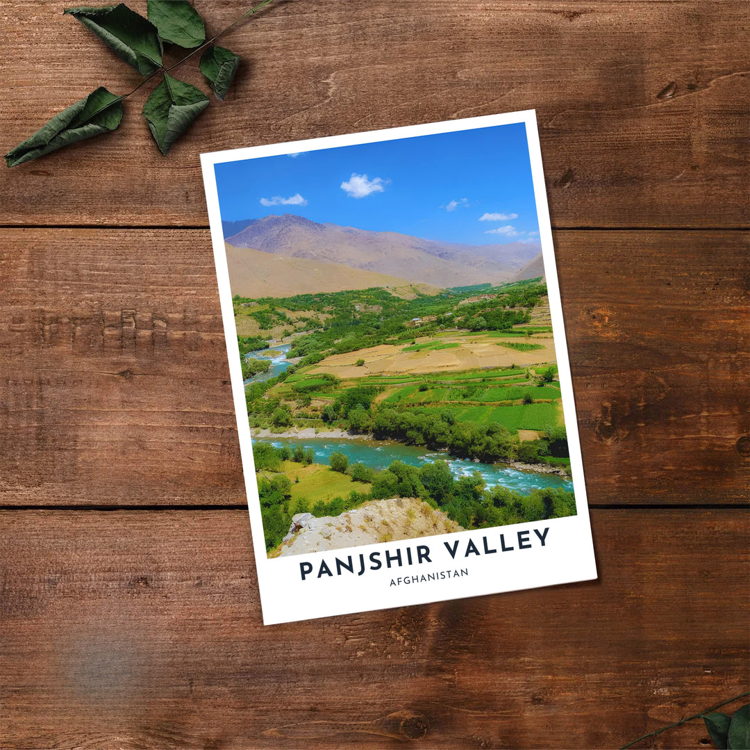 Vibrant nature photography print showing the turquoise river streams and steep mountain ridges of Panjshir Valley, Afghanistan. Available at MapYourDreams as an unframed print, a gallery canvas, or a custom framed wall decor piece in natural wood, white, and silver finishes for interior design projects.