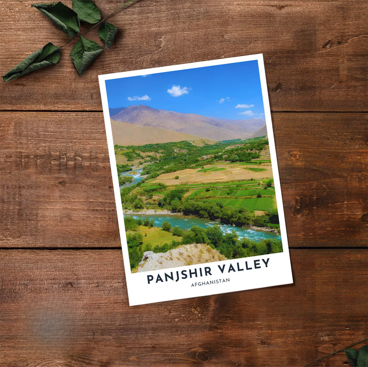 Vibrant nature photography print showing the turquoise river streams and steep mountain ridges of Panjshir Valley, Afghanistan. Available at MapYourDreams as an unframed print, a gallery canvas, or a custom framed wall decor piece in natural wood, white, and silver finishes for interior design projects.