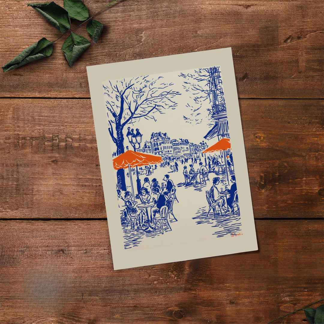 Historic French cafe lifestyle poster with blue ink sketches and orange umbrella highlights in Paris France. Select premium framed, unframed, and canvas wall decor options at MapYourDreams.