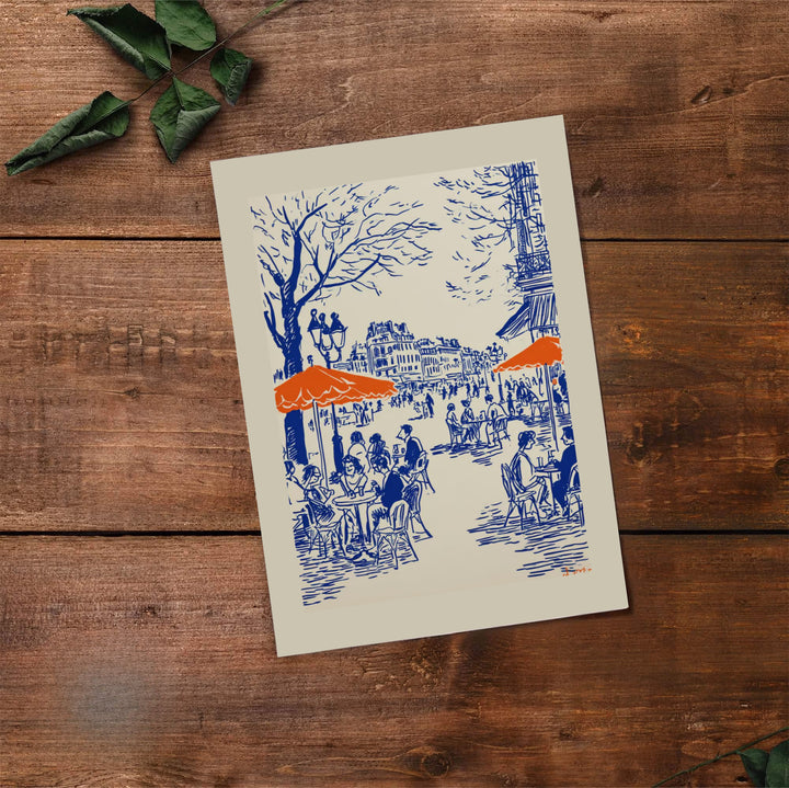 Historic French cafe lifestyle poster with blue ink sketches and orange umbrella highlights in Paris France. Select premium framed, unframed, and canvas wall decor options at MapYourDreams.