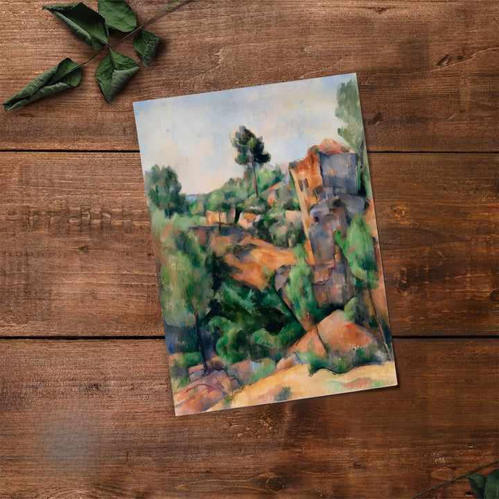 Classical art print of Paul Cezanne Bibemus Quarry 1895 showing a rocky valley in Aix-en-Provence France. Select premium framed wall art, unframed paper prints, and stretched canvas decor options at MapYourDreams for an eye-catching focal point in your hall.