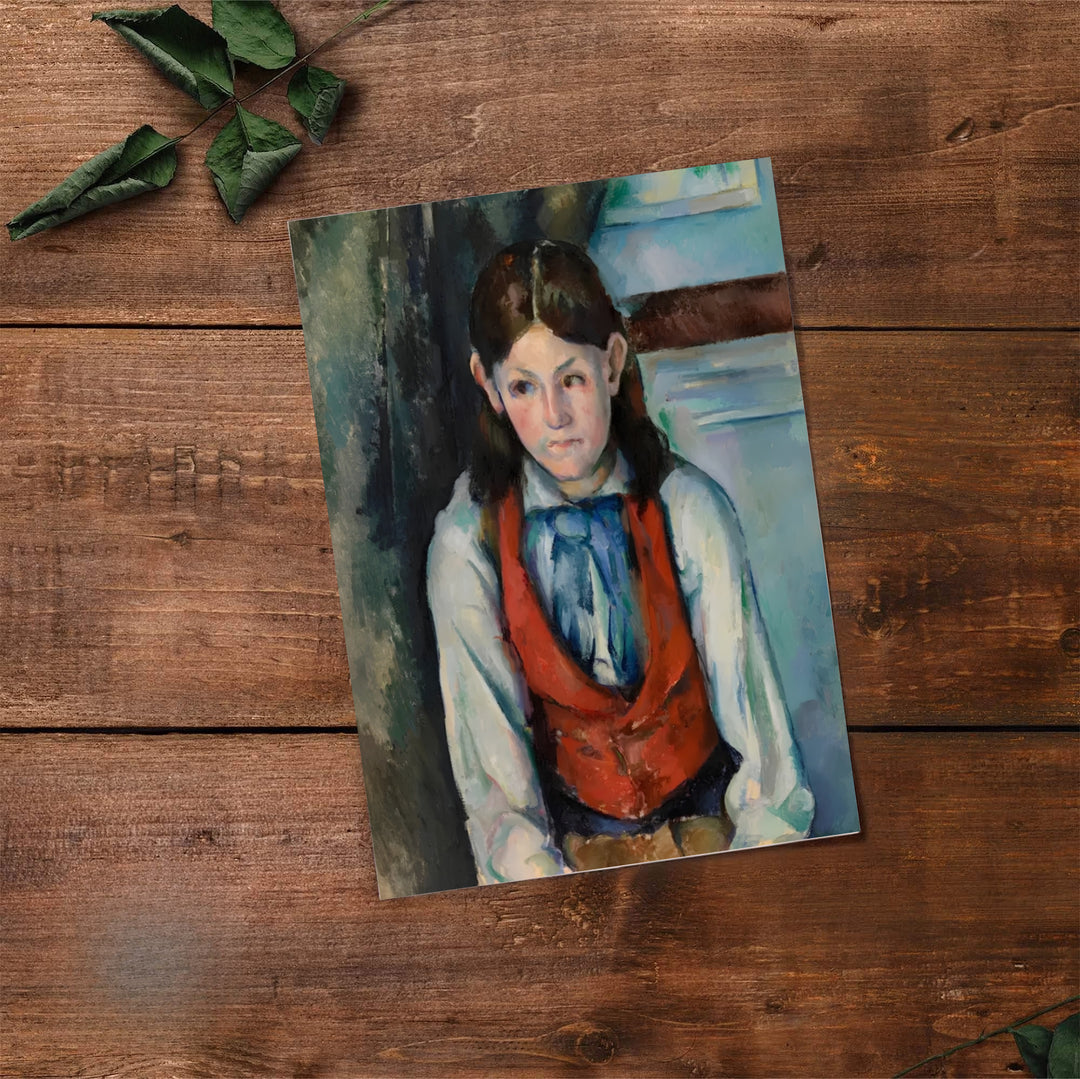 Classical art print of Paul Cezanne Boy In A Red Vest 1888 showing a young man in a red vest in Paris France. Select premium framed wall art, unframed paper prints, and stretched canvas decor options at MapYourDreams for an eye-catching focal point in your hall.