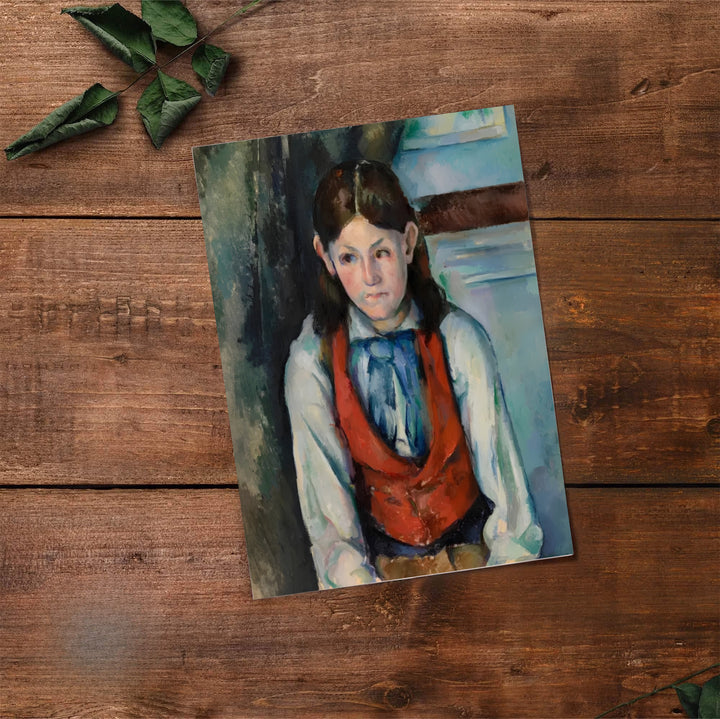 Classical art print of Paul Cezanne Boy In A Red Vest 1888 showing a young man in a red vest in Paris France. Select premium framed wall art, unframed paper prints, and stretched canvas decor options at MapYourDreams for an eye-catching focal point in your hall.